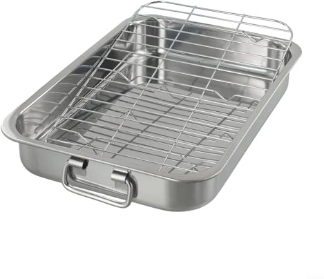 Lawnoval Plat à rôtir profond en acier inoxydable avec grille, poêle à four pour viande et légumes, poli miroir, facile à nettoyer, poignées robustes, plusieurs tailles (42 x 32 x 6,5 cm)