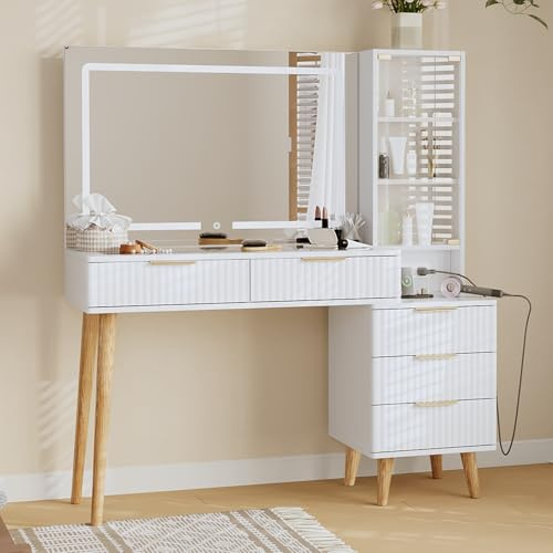 Onaninso Tocador con espejo LED grande de 90 cm, diseño estriado, estante lateral con puerta de cristal, enchufe integrado y tablero de cristal templado con 5 cajones para dormitorio (blanco)