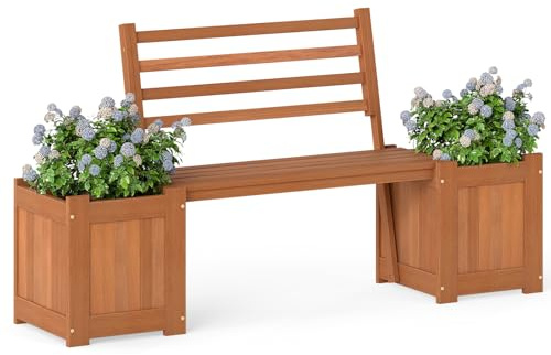 COSTWAY 2-in-1 Wooden Planter with Bench, Raised Garden Bed with Open-ended Bottom, Seat and Backrest, Teak Oil Finish Outdoor Bench with 2 Flower Boxes for Patio Backyard Balcony