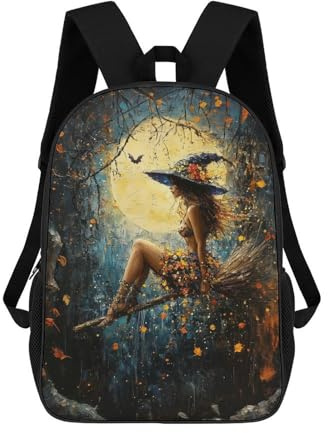 sinyumoney 3D Printing Fashion Knapsack Kids Witch on Broomstick Rucksack Boys School Backpack for Girls Elementary School Bags Bookbag Teens 17inch
