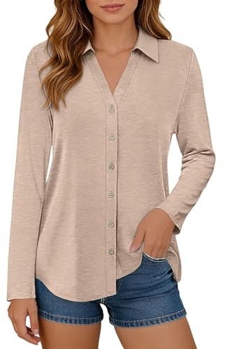 Blusa elegante para mujer con cuello de negocios, sin planchado, sin arrugas, blusa de gran tamaño, monocolor, blusas básicas, blusas., caqui, XL