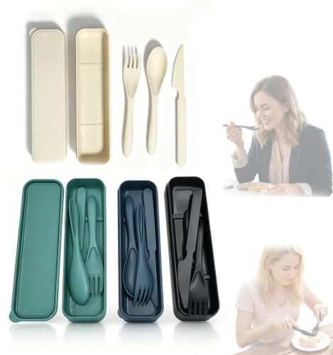 4 Piezas Utensilios Reutilizables Portátiles, | Juego de Cubiertos de Plástico con Estuche,Cuchillo Tenedor Cuchara para Camping, Picnic, Oficina, Escuela o Uso Diario