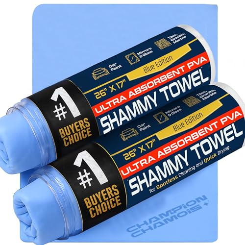 Premium Large Shammy Towel for Car - 2pk Pack (26x17) - Super Absorbent, Soft, Streak-Free, Scratch-Free Cloth for Cars, Boats, Home - Long Lasting Chamois Towel + Hanging Storage Tubes (Blue)