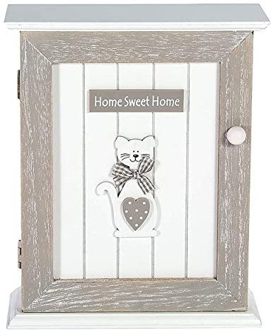 SPOTTED DOG GIFT COMPANY - Armadietto Portachiavi da Parete con Motivo Gatto e Scritta Home Sweet Home - Decorazione per l'ingresso con 6 Ganci - in Legno - Grigio/Bianco