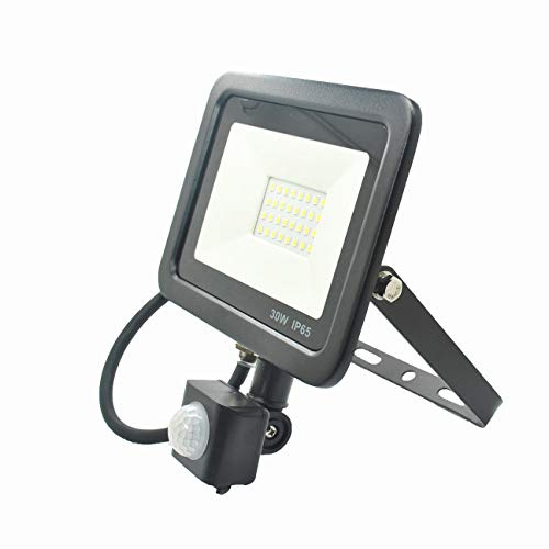 JnDee PIR Motion Sensor LED Flood Light,30W Cool White, IP65 Waterproof Outdoor Security Light