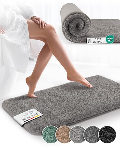 Beautissu Badematte rutschfest 100x60 cm – Duschvorleger Hochflor Badteppich rutschfest Waschbar Shaggy Optik – Flauschig Badvorleger Dusche Badezimmerteppich Groß – Badematte Grau BeauMare FL