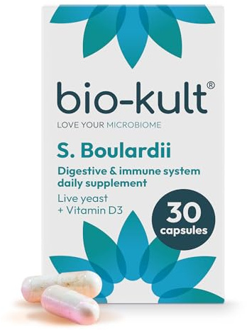 Bio-Kult S. Boulardii + Vitamin D3 – Saccharomyces Boulardii Yeast with Preplex Prebiotics for Gut & Immune Support – Resilient Live Yeast Culture – Suitable for Travel & Antibiotics – 30 Capsules