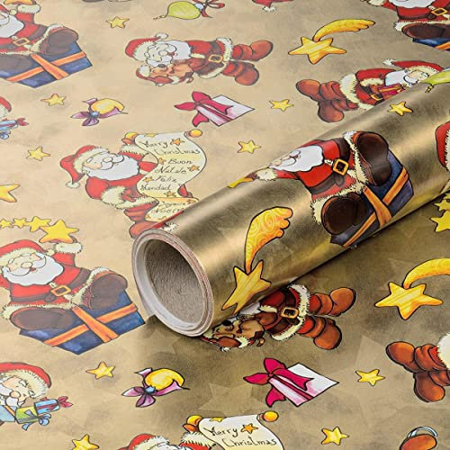VWPEYY Geschenkpapier mit Weihnachtsmännern, goldenes Weihnachtspapier, 70 cm x 10 m