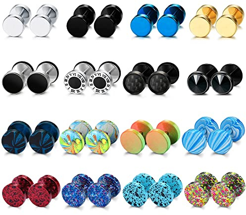 JeryWe 16 Pairs Stainless Steel Stud Earrings for Men Women Fake Gauge Screw Studs Earrings Set Barbell Ear Plugs Faux Gauges Ear Tunnel Earrings 8MM