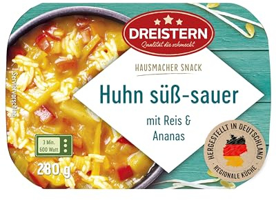 DREISTERN Huhn Süß-Sauer 280g I Mit Ananas & Reis I Herzhaftes Fertiggericht in Mikrowellenschale I Lange Haltbarkeit dank natürlicher Konservierung I Hausmacher Qualität