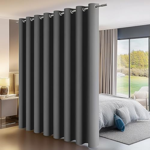 PANOVOUS Raumteiler-Vorhang für Privatsphäre, Verdunkelungsvorhänge, 254 cm breit, extra lang, Vorhänge für Terrasse, Vertikalrollo für Kino/Schiebetür, 1 Panel, 254 x 274 cm, Grau
