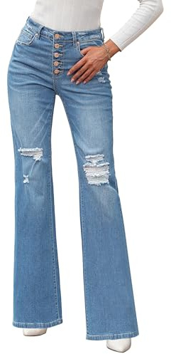 Roskiky - Pantalones vaqueros acampanados para mujer, cintura alta, con roturas, elásticos, holgados, azul celeste, XL