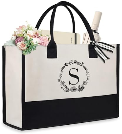 Aucuu Initiale Canvas Tragetasche, Tote Bag, Groß Canvas, Damen Handtasche, Einkaufstaschen mit Reißverschlusstaschen, Personalisierte Geschenktasche für Frau Mama Lehrer Buchstabe