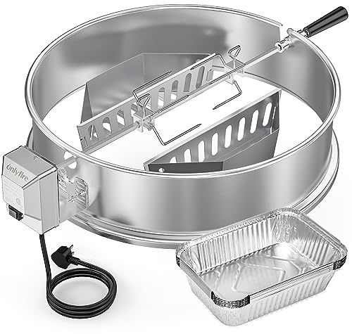 onlyfire BRK-6110 Upgrade Stainless Steel Rotisserie Ring Kit Fits Weber 22-inch Kettle Charcoal Grills,With 2-Pack Charcoal Baskets and 10-Pack Drip Pans,Fits Most Others 57 CM Kettle Grill