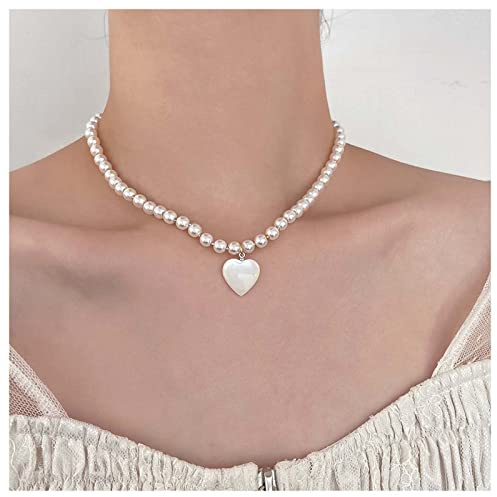 Inilbran Boho Perlenkette Choker - Vintage Herz Anhänger - Weiß und Gold - Frauen & Mädchen - 40+5cm mit Verlängerungskette - Perle & Metall - Halskette