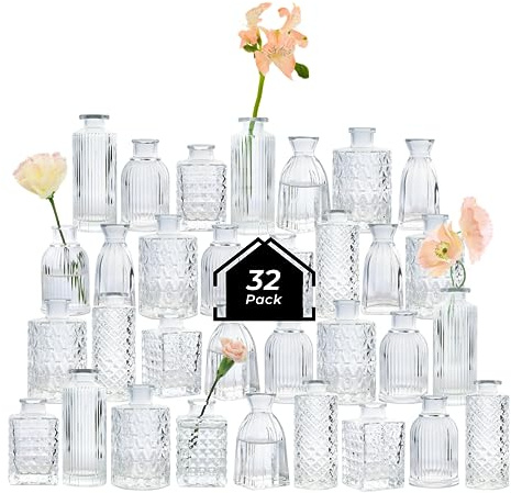 ComSaf Glass Bud Vases Set of 32, Small Clear Bud Vases in Bulk, Mini Flowers Vases for Centerpieces, Vintage Bottle Set for Table Decorations, Wedding Decor, Recepetion, Home, (Clear)