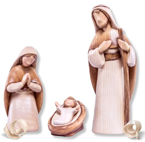Akantus Moderne Krippenfiguren aus Holz: Heilige Familie (gebeizt) (12 cm)