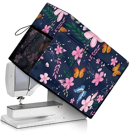 Jeiento Nähmaschinen-Abdeckung mit Taschen, tragbarer Nähwerkzeug-Organizer, Universal-Staubschutz für die meisten Standard-Nähmaschinen, Rosa Kirschblüte Gelb Schmetterling, Beauty Case