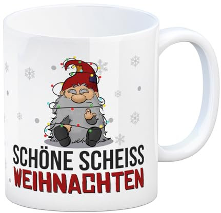 Grimmiger Wichtel Kaffeebecher mit Spruch Schöne scheiß Weihnachten eine bunte Tasse für Weihnachtsmuffel genervter Becher Kaffeetasse lustige Weihnachtstasse Männer Wichteln