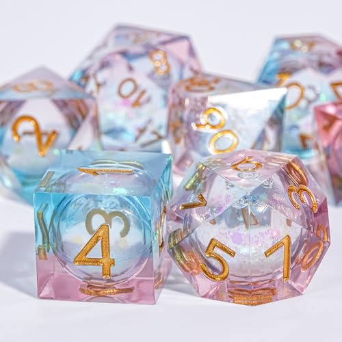 HKDZ Flüssiger Kern DND-Würfelpulver, blau, 7 Stück, mit Geschenkbox, handgefertigtes Kunstharz, polyedrische D&D-Würfel für Dungeons und Drachen, Rollenspiel-Würfel-Set D20, D12, D10, D8, D6, D4