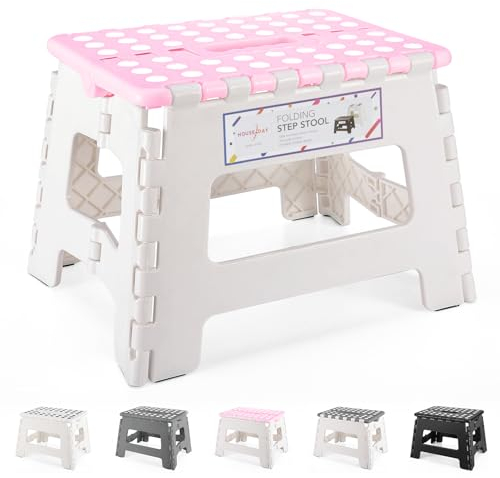 HOUSE DAY Sgabello Pieghevole in Plastica - Leggero per Bambini e Adulti, 23 cm, Antiscivolo, Resistente (Rosa e Grigio)