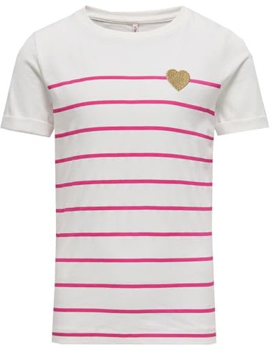 KIDS ONLY Mädchen Kogemily Life S/S Heart Top Cs JRS Noos T-Shirt, Cloud Dancer/Stripes:Fuschia Fedora, 110-116 EU