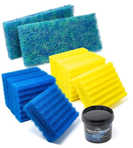 VIALIA 10x Filterschwämme Ersatzteil Set für Kammerfilter CBF-350B, 4 Blaue und 4 gelbe Schwämme, 2 Japanmatten, mit Filterstarter, 22,5x20x8,5 cm pro Schwamm