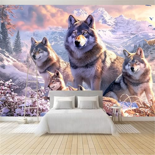 Mural 3D Loup Animal De Montagne De Neige 250x175 cm Panoramique Poster Tapisserie Photo, Papier Peint intissé pour Chambre Salon Personnalisé Murale Décoration