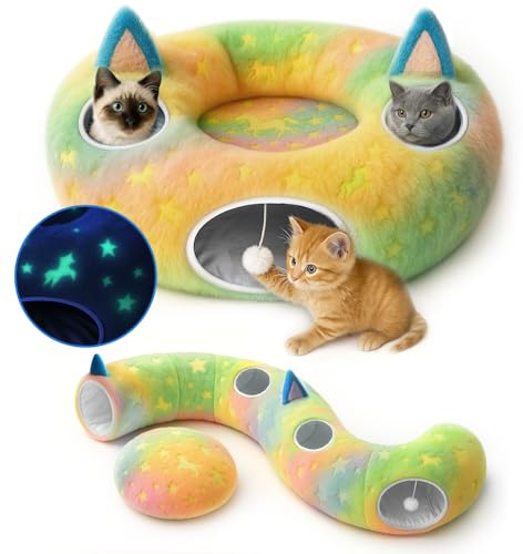 Cycodo Indoor Cat Tunnel Bed,Shape-Shifting Pet Cave with Circle Cushion,Luminescent Donut Tunnel Toy for Kitten/Puppy/Rabbit(Rainbow)