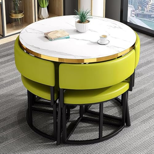 Rundes Esstisch-Set, 5-teilig, Küchentisch und Stühle, platzsparende Konferenztische, für Zuhause, Wohnung, 90 cm Esstisch-Set und 4 Kunstleder-Stühle, Wohnzimmermöbel (Farbe: Grün)