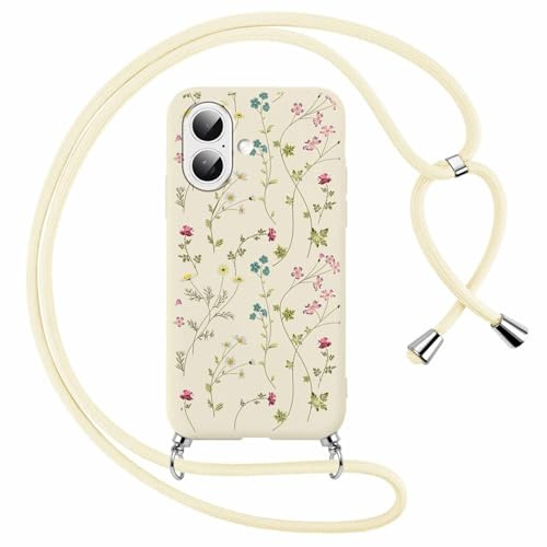 Xylota Coque Cordon pour iPhone 16 Plus 6,7,Étui Collier Réglable Tour de Cou Lanière Corde Case avec Aesthetic Motif Fleur, Mince Silicone Souple TPU Antichoc Lanyard Housse Cover, Beige