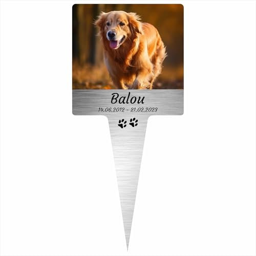INDIGOS UG - Piquet funéraire pour votre animal de compagnie - Chien - 10 cm - Aspect acier inoxydable - Piquet commémoratif résistant aux intempéries - Décoration funéraire - Personnalisable avec