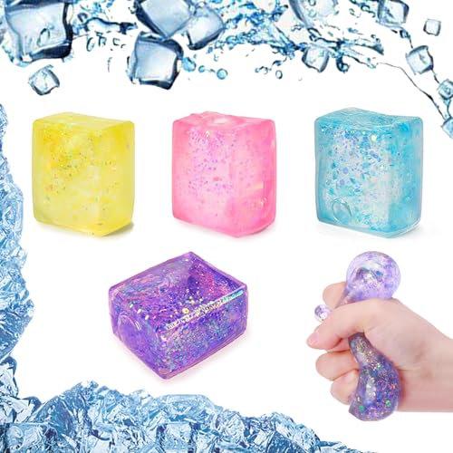 RHQFDM 4 Stücke Eiswürfel Stressball für Kinder und Erwachsene Squishy Stress Relief Eiswürfel Glitter Squeeze Anti Stress Cubes Fidget Toys für Kinder,Geschenke für Kinder mit ADHS