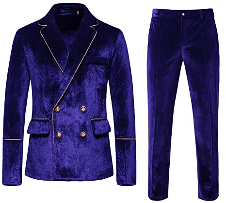 Abito completo da uomo abiti in velluto sottile doppio petto tinta unita abito da sera Groomsmen vestito rosso scuro gilet, Blu, L