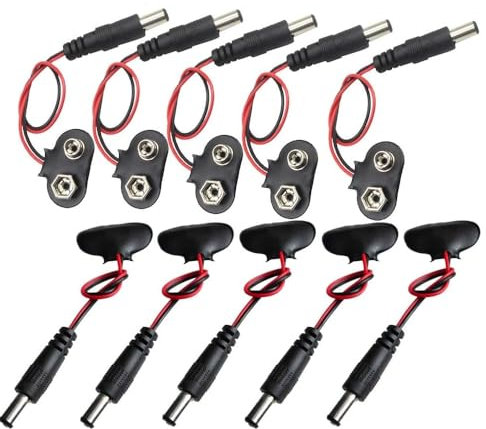 TECHZOCO Conector de Batería 9V DC 5.5x2.1mm, Cable Adaptador T para Arduino, Portapilas 6F22, 6HR61, 6LR61 - Pack de 10