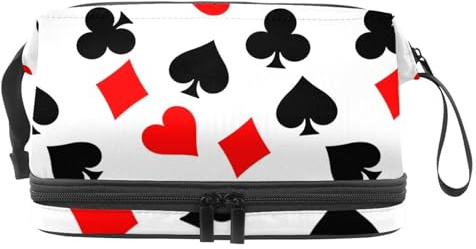 Poker Hearts Clubs Spades and Diamonds Double Layer Cosmetic Bag for Women and Girls, Travel Toiletry Bag Makeup Handy Pouch Organiser Bag with Brush Compartment
