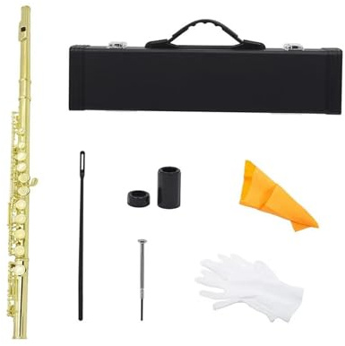Querflöte Instrument 16-Loch-C-Tasten-Flöte, Konzert-Weiß-Kupfer-Rot-Querflöte, Holzblasinstrument mit Boxtuch(Gold)