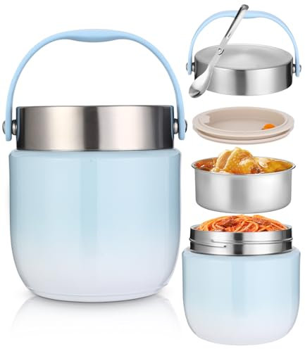 Contenitore termico per alimenti, 1200 ml, ciotola termica con coperchio, contenitore in acciaio inox con cucchiaio pieghevole, contenitore termico per bambini, adulti, per conservare porridge, blu