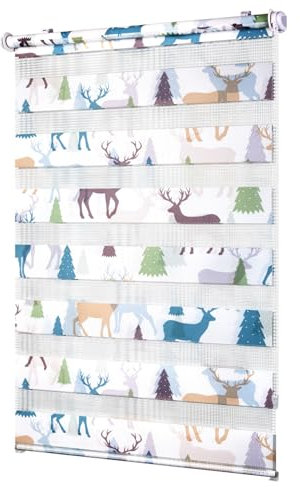 Deswell Doppelrollo Klemmfix ohne Bohren Weiß-Elch B40 x H120 cm(Stoffbreite 36cm) Doppelrollo mit Muster, Duo Rollos für Fenster ohne Bohren Rollos mit Motiv, Seitenzugrollo Lichtdurchlässig