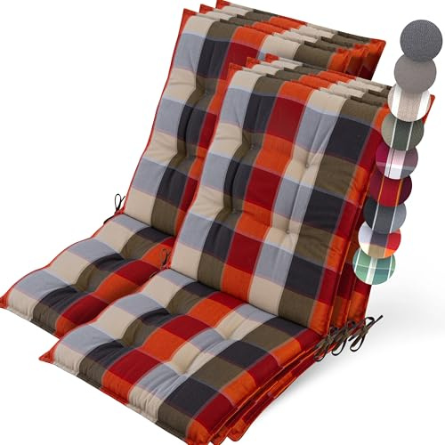 Beautissu 6er Set Premium Niedriglehner Auflage Gartenstuhl rutschfest | 100x50cm 8cm Dick Orange-Beige kariert robustes Polster Befestigungsbänder UV-Lichtechtheit 5 Gartenstuhlauflage Sun-NL