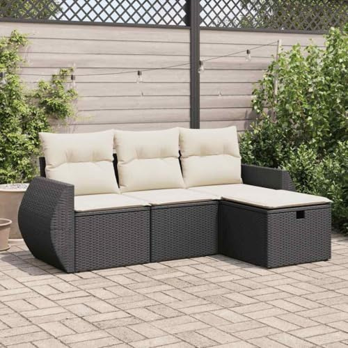 IKAYAA 4-TLG Polyrattan Lounge mit Stauraum Balkon Lounge Klein Gartenlounge Ecklounge Ecksofa Outdoor Loungemöbel Rattan Gartenmöbel Sitzlounge Balkon Gartensofa Balkonsofa Schwarz und Creme Type 31