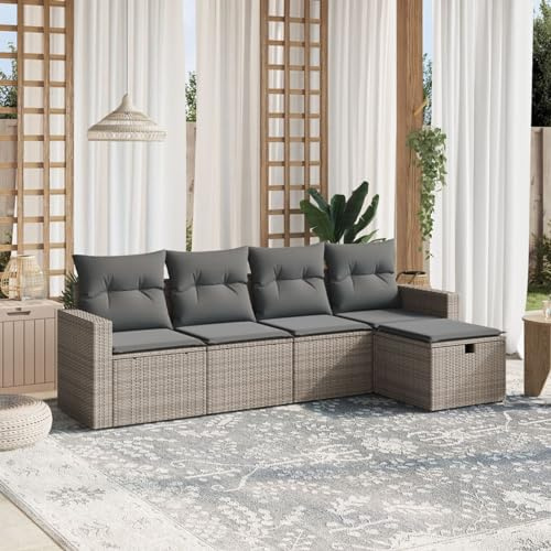 IKAYAA 5-TLG Rattan Balkonlounge Gartenlounge Set Gartenmöbel Klein Balkonmöbel Sofagarnitur Balkon Loungemöbel Rattan Ecklounge Gartensofa Grau Type-27
