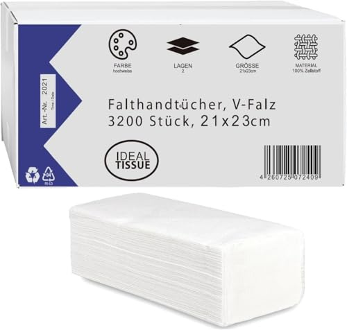 LUCY Hygiene - IDEAL TISSUE - Papierhandtücher V-Falz | 2-lagig, 21x23cm | 6400 Blatt | 100% Zellstoff, Hochweiß | sehr saugstark, reißfest & weich |Optimal für V-Falz/ZZ-Falz Handtuchspender