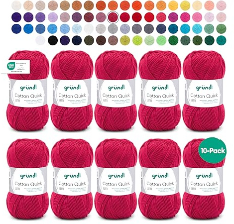 Gründl Lana Cotton Quick uni - lana fina para ganchillo - hilo de tejer - hilo de ganchillo - brillante y agradable para la piel - 100% algodón - 10 ovillos 50 g / 125 m - grosor de aguja 3-4 - rojo