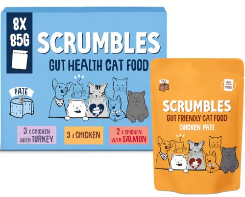 Scrumbles • Wet Cat Pouches • Pate • Hypoallergenic • All Lifestages • 3x Chicken • 3x Chicken with Turkey • 2x Chicken with Salmon • 8 Pouches (85g) • 60%+ Meat • Prebiotics