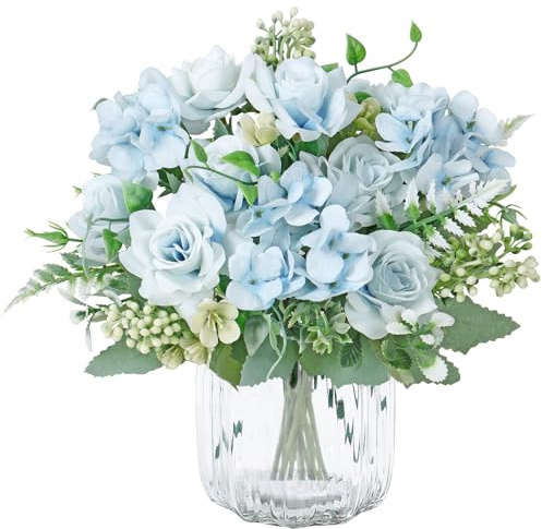 SOMYTING 3 Bunches Rose Artificial Flowers, Faux Rose Bouquet Silk Flowers Fake Roses Bouquet for Wedding Party Table Centerpieces Floral Arrangement Home Decor (Blue)