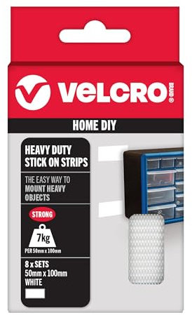 Velcro Brand Heavy Duty Stick On Strips, White 50mm x 100mm, Set of 8 | VELCRO Brand Tape Self Adhesive, Industrial Strength, Double Sided Hook & Loop Strips, Perfect for Room Décor & Home