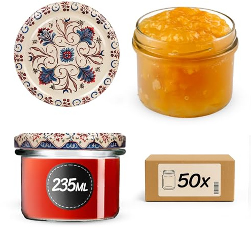 KADAX Marmeladengläser 235ml TO82, Einmachgläser Vorratsgläser Mason Jar mit Schraubdeckel, Luftdichte Schraubgläser, Honig & Konfitüre (Beige/Blau, 50 Stück)