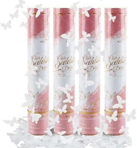 Mineup 4 * Konfettikanone, 3-5 Meter Konfettikanone Hochzeit, 30cm Party Popper, Konfetti-Shooter, Konfetti Kanonen für Geburtstage Hochzeiten Weihnachten Party(Weißer Schmetterling)