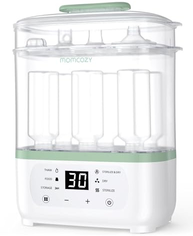 Momcozy Elektrischer Dampfsterilisator für Babyflaschen – 3-in-1 Sterilisiert, Trocknet & Heizt mit 99,9% Bakterienabtötung, 8 Flaschen Kapazität, 24h Keimschutz & Automatischer Trocknung